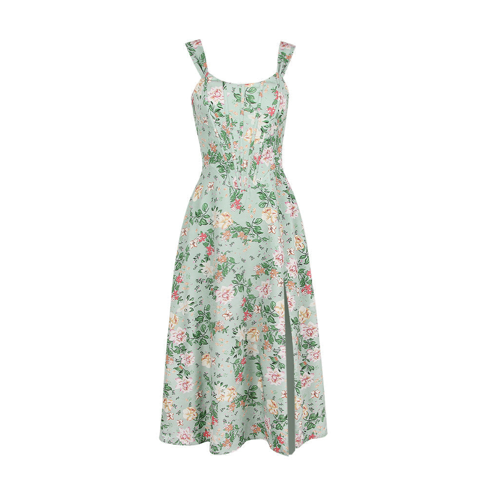 Boning Corset Cami Dress Slim Fit Backless Slit Midi Floral Dress Dopamine Wear Matching
