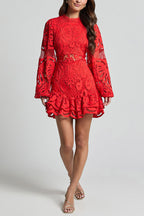 Solid Color Hollow Long-sleeved Waisted Lace Mini Dress