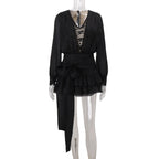 Autumn French Pure Lace Splicing Sexy V neck Long Sleeve Dress