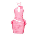 Fall Pink Three Dimensional Floral Halterneck Women Clothing Dopamine Wear Cutout Dress