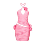 Fall Pink Three Dimensional Floral Halterneck Women Clothing Dopamine Wear Cutout Dress