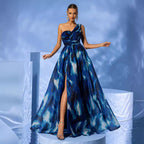 One Shoulder Maxi Dress Tie Dye Print Sleeveless Vacation Split Elegant Dress