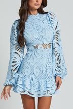 Solid Color Hollow Long-sleeved Waisted Lace Mini Dress