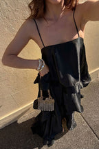Soft and Smooth Satin Tiered Slip Square Neck A-line Maxi Dress
