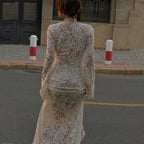 Garcelle Floral Lace Lace-up Long Bell Sleeve Slit Midi Dress