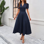 Jennifer Exclusive Dress with Puff Sleeves, V Neckline and Gathered Waist Statement Occasion Edit