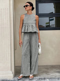 Casual round Neck Sleeveless Ruffles Top with Swing High Waist Straight Leg Pants