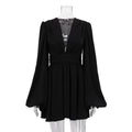 French Puff Sleeve High Waist Dress V Neck Abdomen Control Black Short Dress