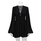 French Puff Sleeve High Waist Dress V Neck Abdomen Control Black Short Dress