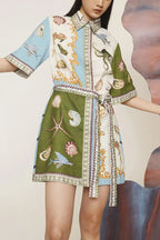 Deep Sea Dreaming Linen Blend Unique Print Tie-up Pocketed Shirt Mini Dress
