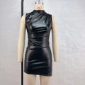 StCollar Sleeveless Pleated Waist Tight Sheath Dress Irregular Asymmetric Faux Leather