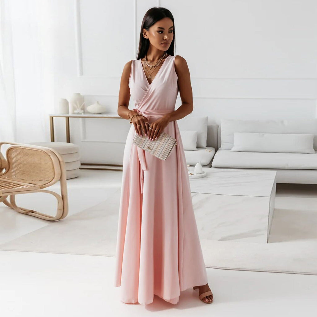Anita Chic Women's Solid V Neck Long Dress Statement Occasion Edit