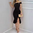 Natacha Minimalist Women's Evening Dress with Off the Shoulder Design and Voluminous Skirt Boutique Collection