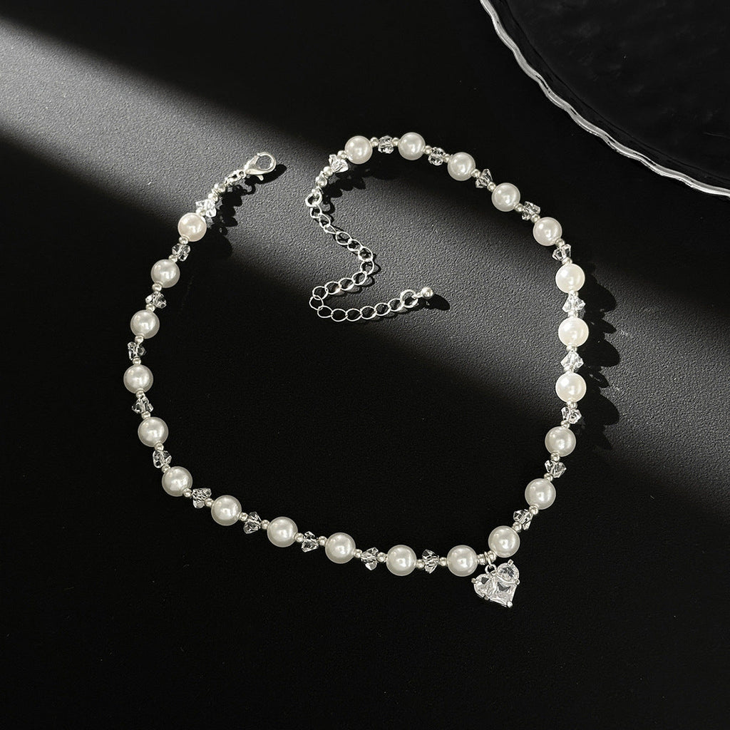 Crystal Heart Pearl Bead Choker Necklace