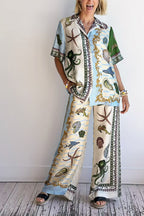 Deep Sea Dreaming Satin Unique Print Short Sleeve Shirt and Elastic Waist Pocketed Pants Set