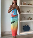 Dreamy Dreamy Sequin Unique Floral Gradient Print Slit Stretch Maxi Dress(Shipped within 24 hours)
