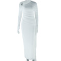 Solid Color Dress Off Shoulder Long Sleeve Mesh Stitching Dress
