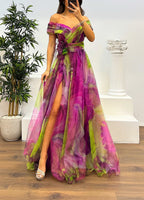 Fairy Flower Feather Pendant Elegant Fallen Fold Off Shoulder Party Split Design Long Dress
