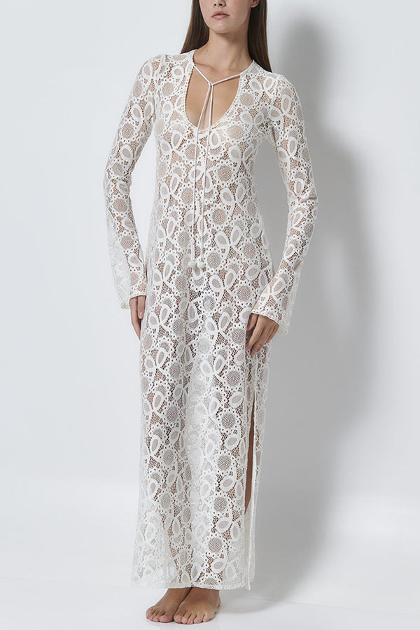 Women's Lace Lace White Lucky Flower Dress Long, Long Sleeve Sheer Tie INS Loose Holiday Split Dresses