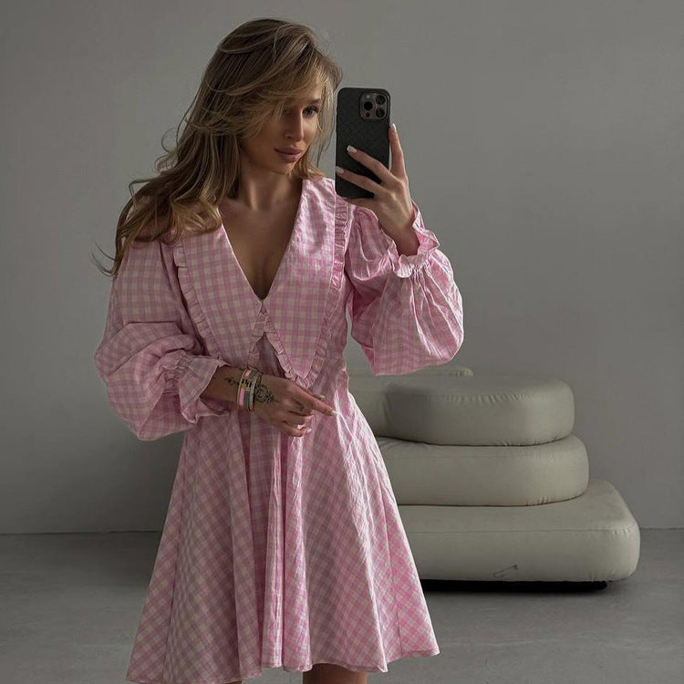 Office Design A line Dress Pink Plaid Butterfly Collar Long Sleeve Dress