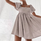 Cute Puff Sleeve Square Neck Linen Babydoll Mini Dress - Khaki