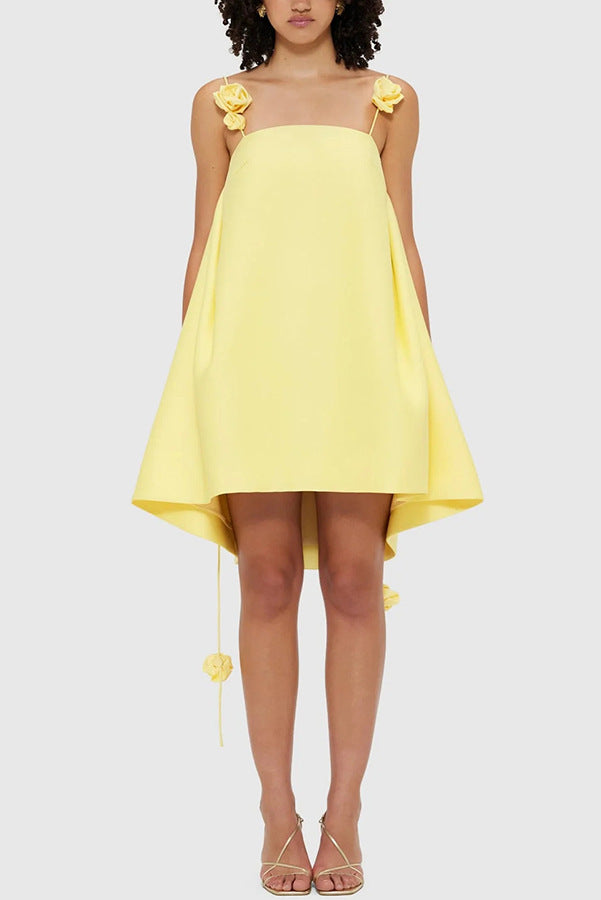 Women's new suspender satin dress INS casual loose vacation elegant yellow rose dress