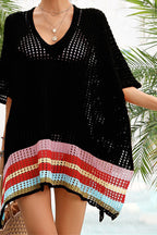 Color Block V Neck Slit Hollow Short Sleeved Knitted Cover Up