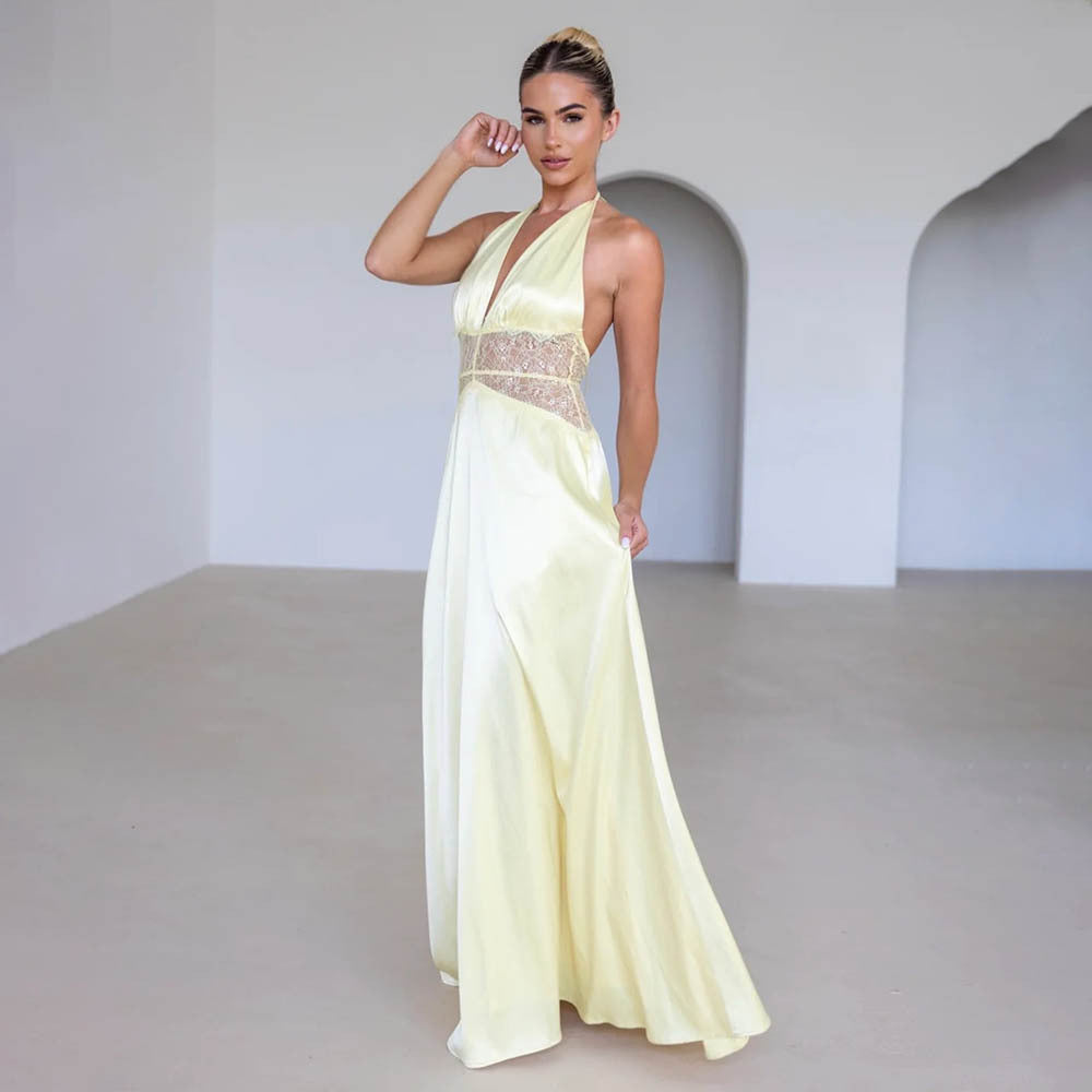 Dinner Elegant Lace - Paneled Halter Maxi Dress