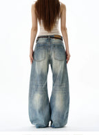 Heavy Knee Distressed Wide Leg Blue Jeans
