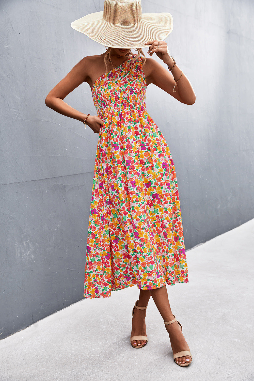 Elysse Floral Belted One Shoulder Midi Dress Salmon