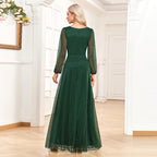 Elegant V Neck Shiny Chiffon Evening Dress A line Sheer Long Sleeve Wedding Party Dress Bridesmaid