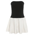 off Neck Color Contrast Patchwork Pleated Slim Dress for