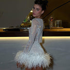Fashionable Sequ Furry Skirt Set Women Sexy Nightclub Women round Neck Sexy Long Sleeve Short Dress
