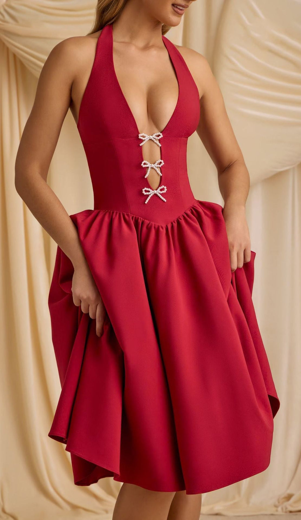 Norma Minimalist Women's Evening Dress with Deep V Neck and Bows Designer Edit