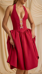 Norma Minimalist Women's Evening Dress with Deep V Neck and Bows Designer Edit