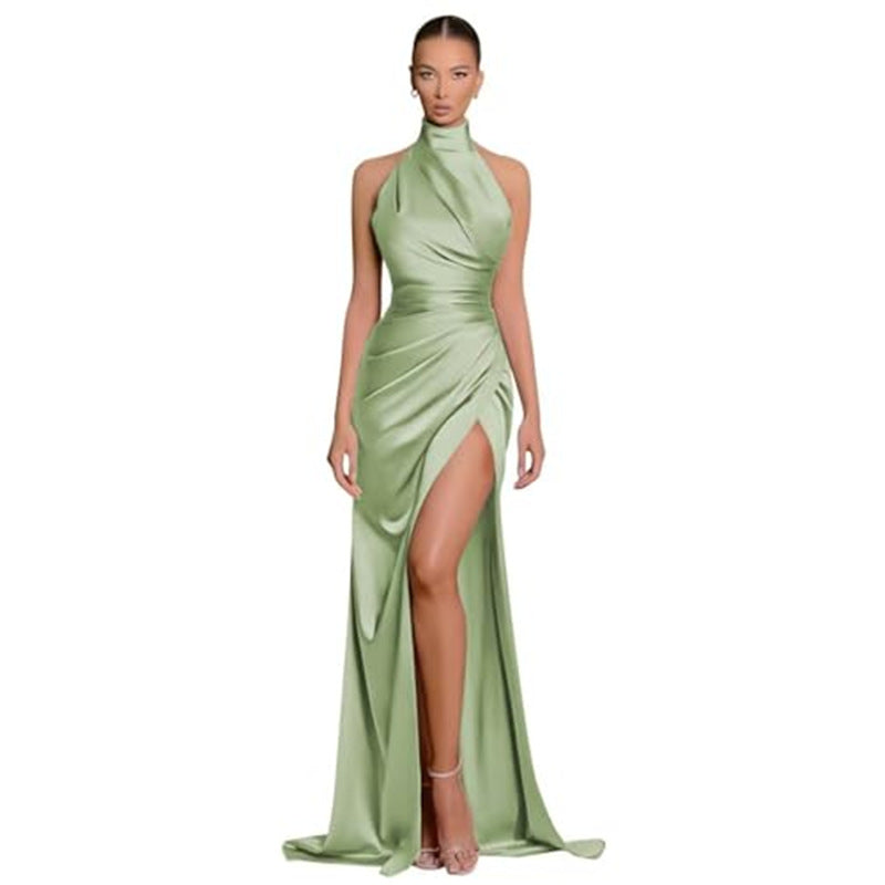 Havyn Satin Asymmetrical Halter Midi Dress Green