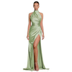 Havyn Satin Asymmetrical Halter Midi Dress Green