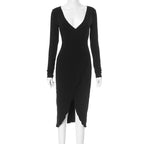Deep V Plunge Long Sleeve Waist Tight High Slit Dress