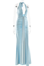 Solid Color Elegant Halterneck V-neck Open Back Tie Gathered Maxi Dress
