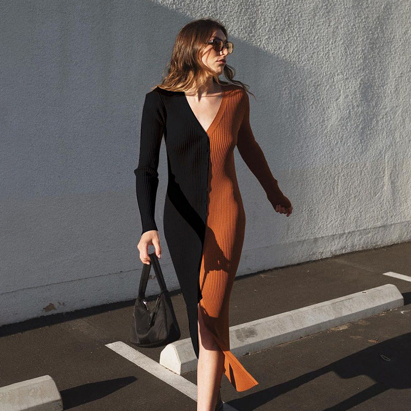 Abril Colorblock Button Front Knit Midi Dress Black Tan