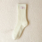 Embroidered Red Mid Calf Coral Fleece Cozy Socks