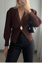 Only Yours Knit Metal Leaf Shape Button Lantern Sleeve Relaxed Cardigan