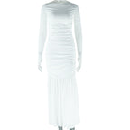 Solid Color Dress round Neck Long Sleeve Mesh Stitching Casual Dress