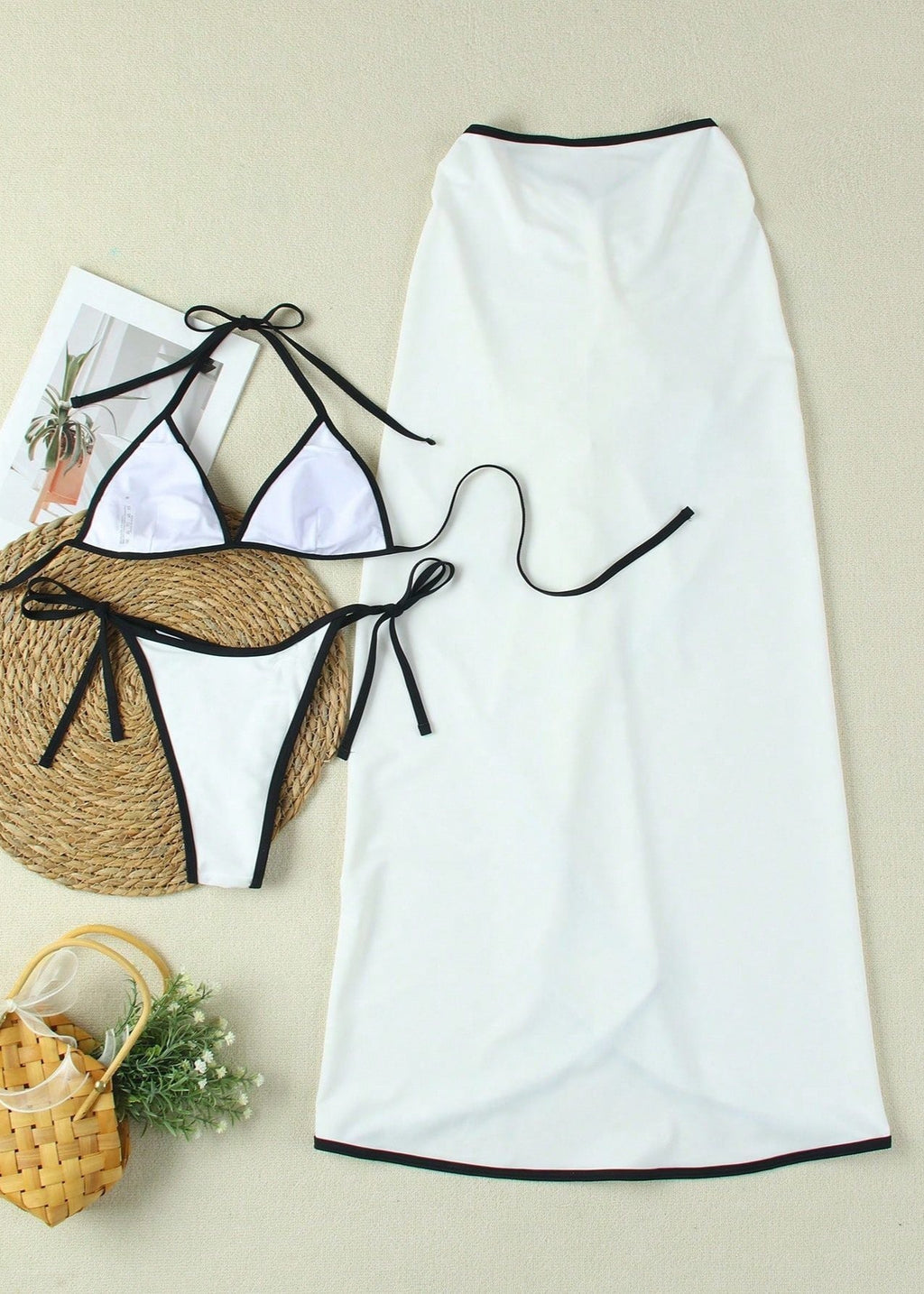 Tivara - Three-Piece Contrast Trim Bikini & Maxi Skirt Set