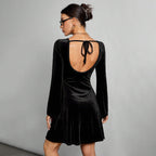 Simple Intellectual Dress Backless Lace Up All Match Black Dress