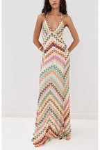 Missoni Summer Knit Colorful Herringbone Print Open Beck Maxi Dress