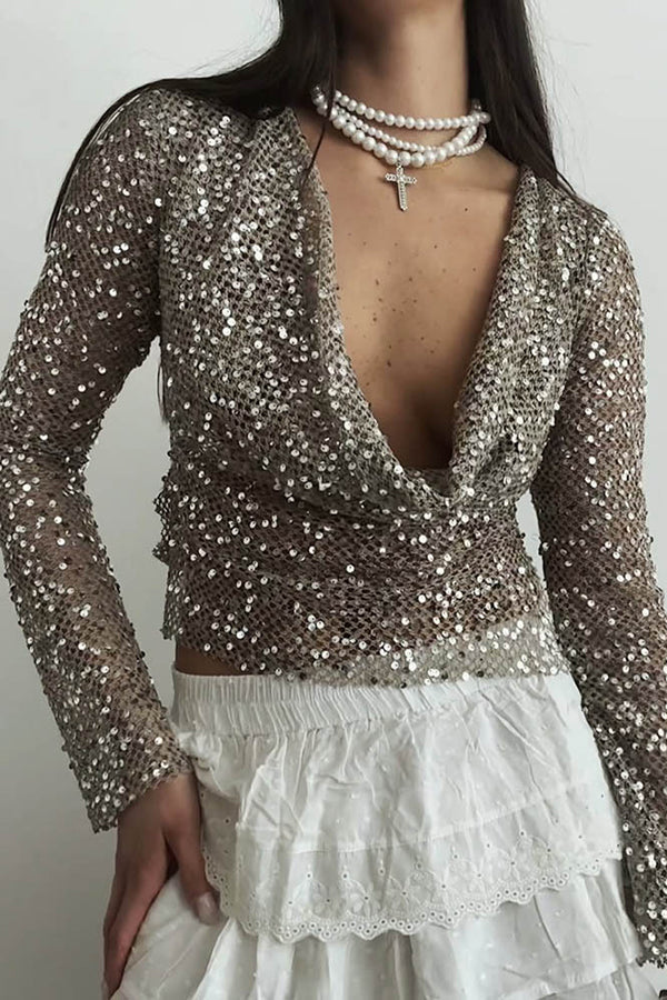 Fashionable Sequined Fishnet Casual Long-sleeved Top