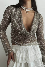 Fashionable Sequined Fishnet Casual Long-sleeved Top