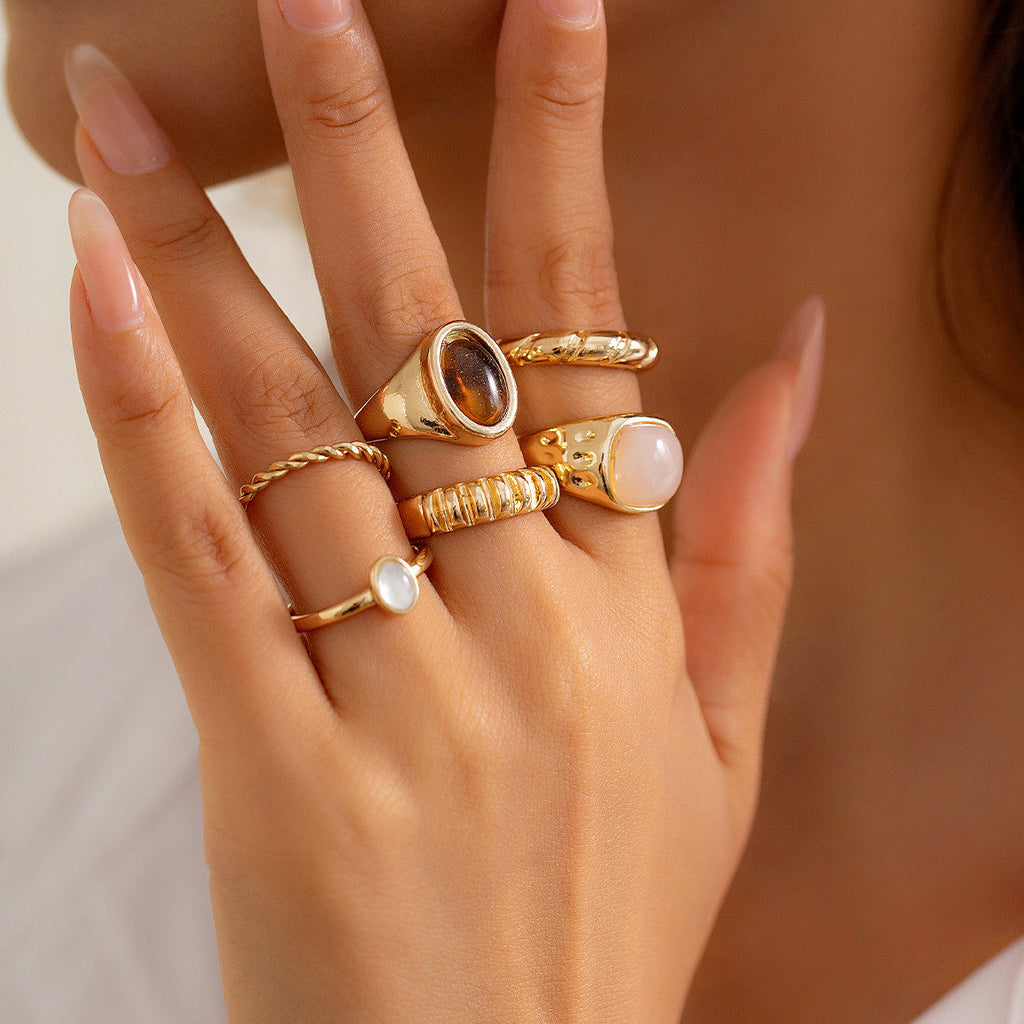 6-Piece Irregular Gemstone Metal Ring Set