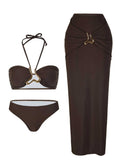 Isla - Three-Piece Bronze Halter Bikini & Skirt Set